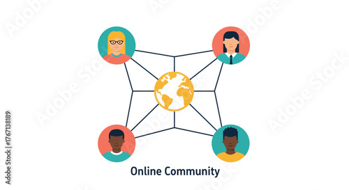 Diverse group of people connected to a globe representing an online community, symbolizing global communication and collaboration in a modern digital world.