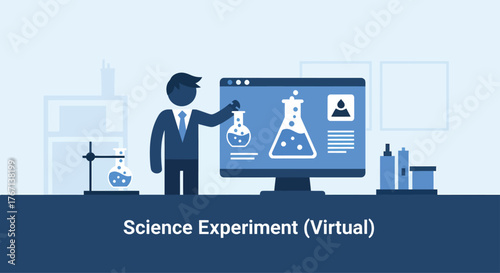 Scientist presenting virtual science experiment on computer screen in laboratory, showcasing online education and remote learning during the day.
