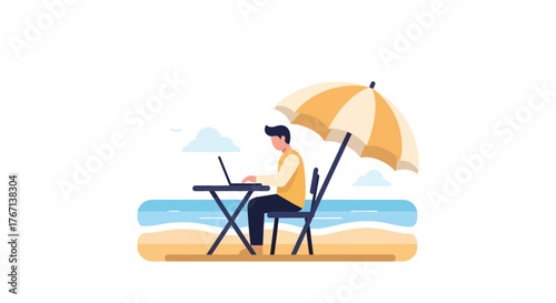 Man working on laptop under umbrella at beach, enjoying the freedom of remote work with ocean view, creating a serene and productive atmosphere.