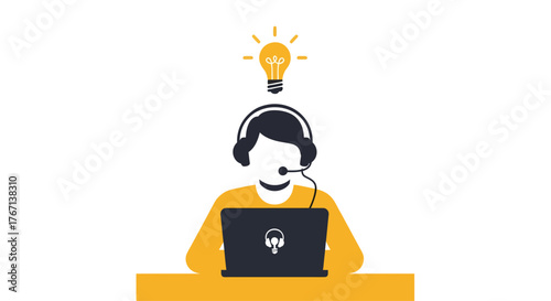 Customer service representative wearing headset works on laptop with light bulb above head, symbolizing problem solving and support in modern office.