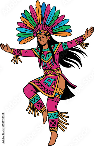 Colorful traditional indigenous dancer in elaborate headdress performing lively dance with dynamic