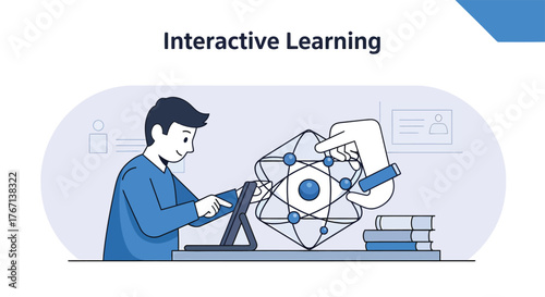 Student interacts with digital atom model on laptop during online learning session, showcasing modern education and interactive technology.