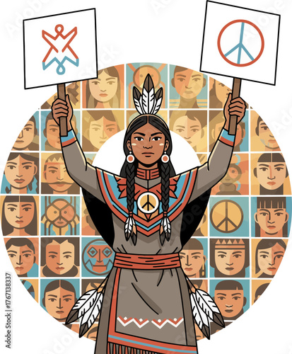 Empowered indigenous woman holding peace symbols amidst diverse faces