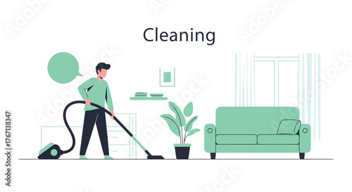 Man vacuuming the living room floor in a modern house, cleaning up the dust and dirt, creating a fresh and tidy home environment.