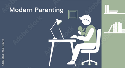 Father working on laptop while holding baby in home office, depicting modern parenting and worklife balance with minimalist style.