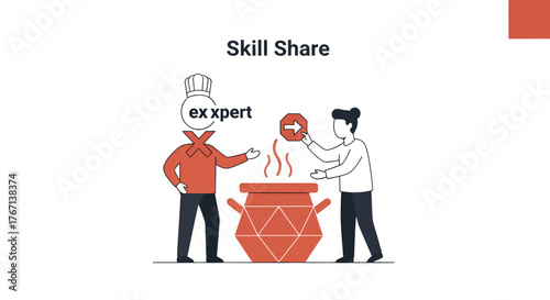 Expert shares knowledge with learner over steaming pot in collaborative learning environment, promoting skill sharing and growth.