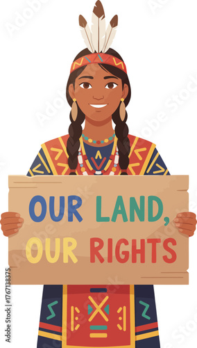 Empowering Indigenous Woman Holding Sign with Land Rights Message in Vibrant Attire