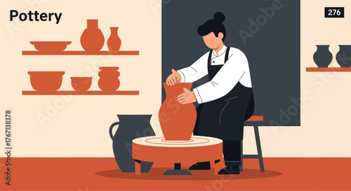 Woman shapes clay on pottery wheel in studio creating vase with focus and skill, showcasing artistic expression and traditional craft.