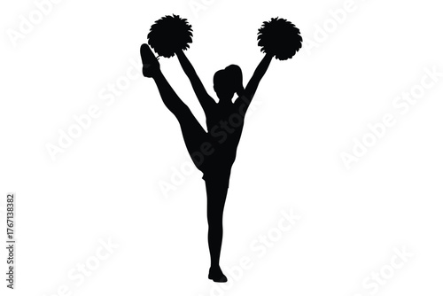 Silhouette of a cheerleader performing a split with pom poms