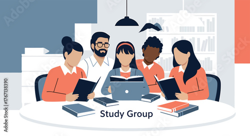 Diverse group of students studying together around a table in a library, collaborating on assignments with books and laptops in a focused and collaborative atmosphere.