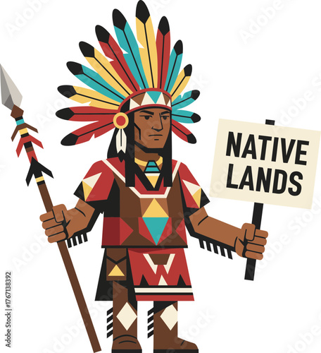 Illustration of a Native Land Advocate Wearing Traditional Headdress and Holding a Sign