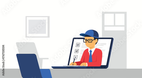 Man completing online survey on laptop screen in bright office, showcasing digital form filling and data collection with modern technology.