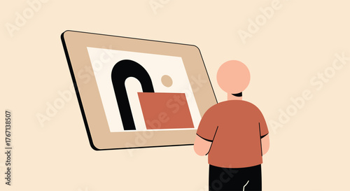 Man contemplates abstract art in modern gallery, appreciating the shapes and colors in a minimalist and contemplative atmosphere.