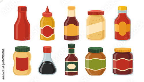Assorted Condiment Bottles and Jars Collection