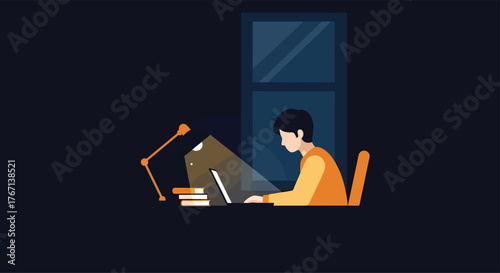 Young man working on laptop at desk in dark room at night, illuminated by lamp, creating a focused and productive atmosphere.
