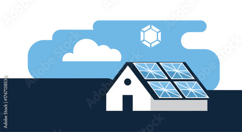 House uses solar panels on roof to generate clean energy in residential area, promoting sustainability and ecofriendly living.