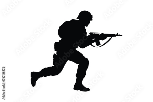 Silhouette of a soldier running with a rifle