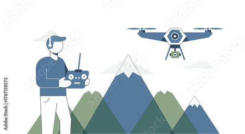 Man operating drone over mountain range on clear day, showcasing outdoor adventure and modern technology, creating a sense of freedom and exploration.