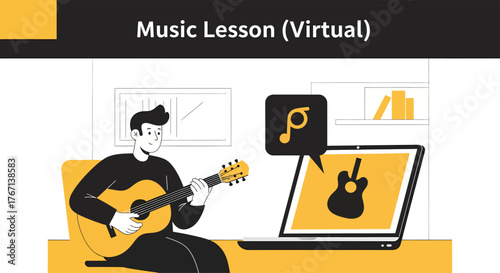 Man plays guitar during virtual music lesson at home, connecting with teacher online for interactive learning and musical development.