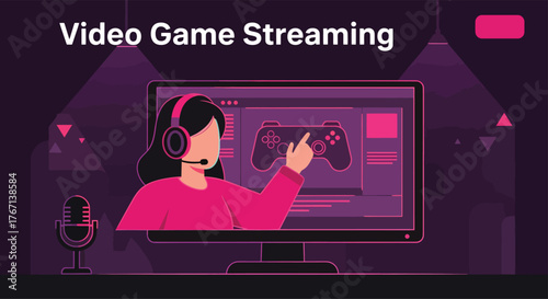 Female streamer plays video games on her computer at home, engaging with her audience in a cozy and modern setting.