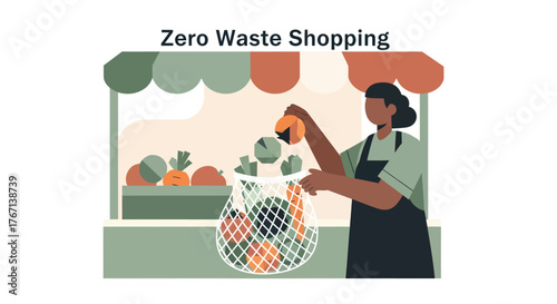 Woman fills reusable mesh bag with produce at farmers market, promoting zero waste lifestyle and sustainable shopping habits.