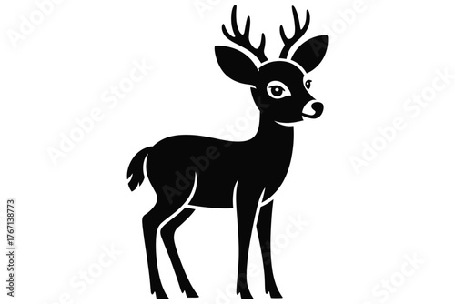 Stylized black silhouette of a young deer with antlers