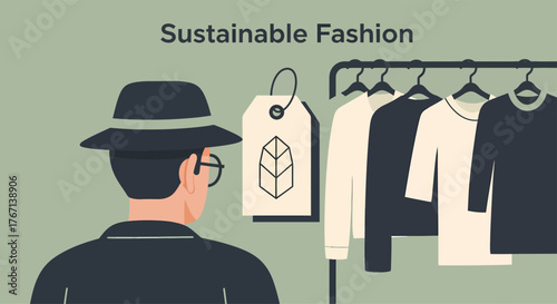 Man looks at sustainable fashion hanging on a rack in a store, promoting ecofriendly clothing choices with a focus on conscious consumerism.