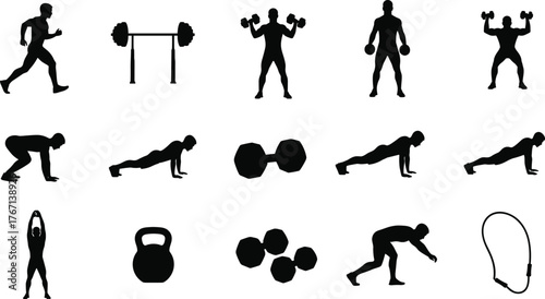 Fitness icons, workout silhouettes, gym exercise symbols, strength training, bodybuilding, cardio, dumbbells, kettlebell, pushups, plank, stretching, running, health, wellness, sports, athlete