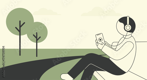 Man listening to music on his phone while sitting on a bench in a park on a sunny day, enjoying the peace and quiet of nature.
