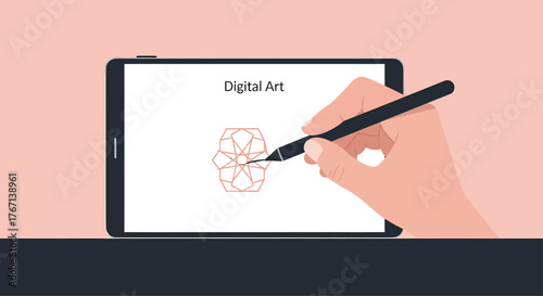 Hand drawing geometric pattern on tablet with stylus, creating digital art on screen with precision and creativity, showcasing modern artistic expression.