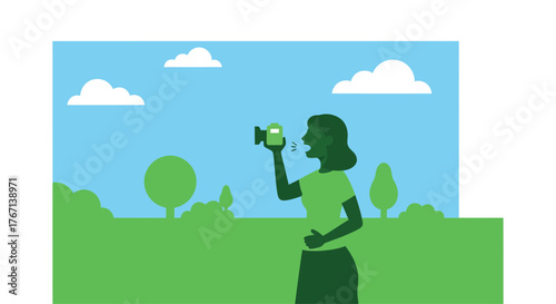 Woman drinks from reusable water bottle in park on sunny day, promoting sustainability and healthy lifestyle, conveying a refreshing and ecoconscious vibe.