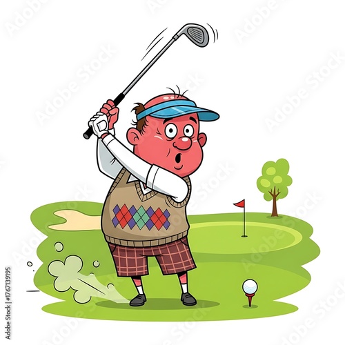 Golfers Intense Swing on the Green - A Cartoon Illustration.