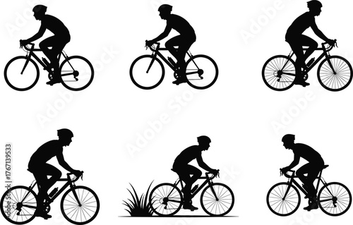 Silhouette cyclists riding road bikes in various postures and terrains, helmet safety, outdoor activity, sports training, and motion concept illustration.