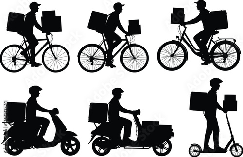 Silhouette delivery riders on bicycles, scooters, and kick scooters carrying boxes for fast urban courier service and logistics illustration design