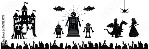 Silhouette fantasy sci-fi medieval illustration with castle, robots, dragon, princess, audience crowd watching theatrical performance in black and white