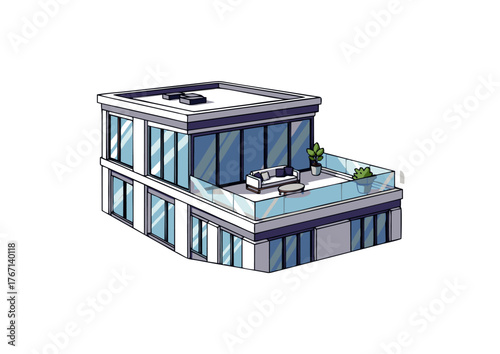 Modern Office Building with Sleek Design and Rooftop Terrace, Ideal for Business and Commercial Use
