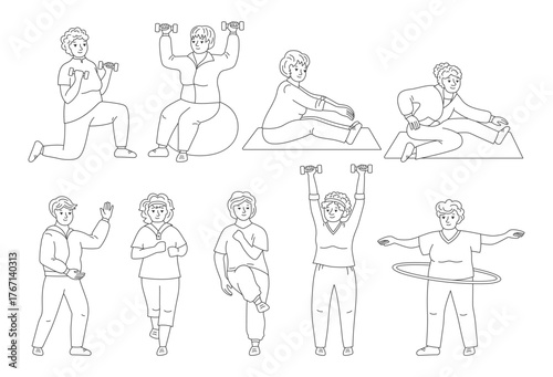 Older people women play sports doodle set. Elderly characters old senoras with hobbies. Adult seniors running, fitness exercises, gymnastics gym cardio, yoga class stretching jogging strength vector