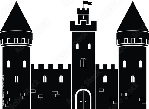 Silhouette illustration of a medieval castle fortress with towers, battlements, and gate, vintage royal architecture vector design for history theme