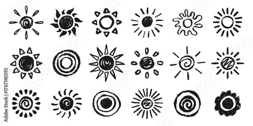 Sun icon grungy effect silhouette set. Different sun hand drawn sketch. Textured dirty vector design collection. Summertime figure sign natural drawing objects concept. Graffiti computer graphic