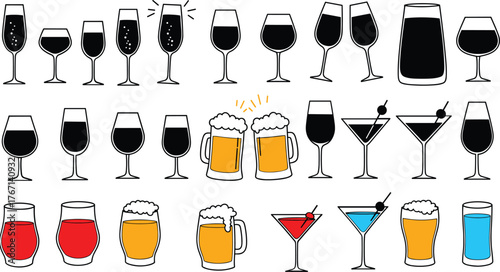 Assortment of stylized beverage glasses filled with drinks and foam wine glass champagne flute