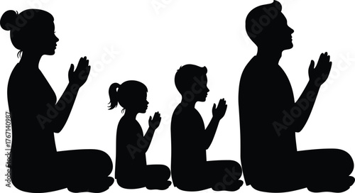 Silhouette illustration of family praying together with parents and children, spiritual meditation vector artwork symbolizing peace, religion, faith and harmony design