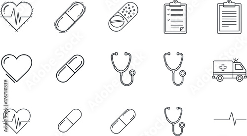 Medical icons set, healthcare symbols, hospital elements, stethoscope, heart, ambulance, medicine, pharmacy, doctor tools, emergency, clinic, wellness, treatment, health, cardiology, diagnostics