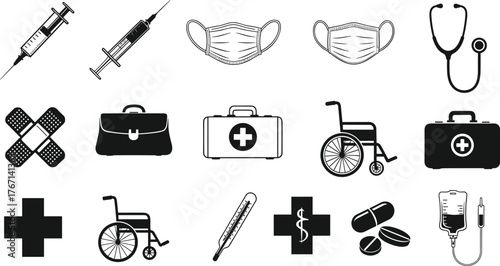 Medical icons collection, healthcare symbols, hospital equipment, first aid kit, stethoscope, syringe, mask, wheelchair, thermometer, pills, cross, emergency
