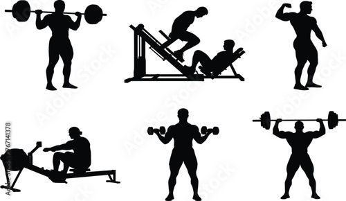 Silhouette illustration of muscular men performing various gym exercises including weightlifting, leg press, rowing, and dumbbell training for fitness and bodybuilding motivation.