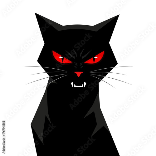 Fierce black cat with glowing red eyes and bared fangs, exuding a powerful, mysterious, and slightly menacing aura, perfect for Halloween or spooky themes.