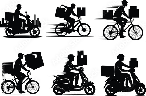 Silhouette illustrations of fast delivery riders on scooters and bicycles with boxes, motion lines, and urban courier service concept design