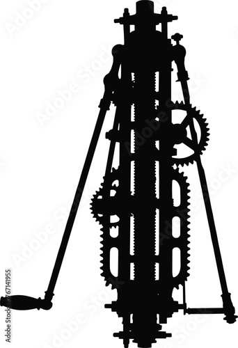 Black silhouette of antique mechanical device with gears and crank machine