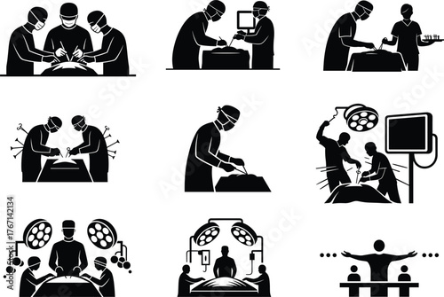 Silhouette illustrations of surgeons and medical staff performing surgery, using equipment, monitors, and teamwork in hospital operating room scenes