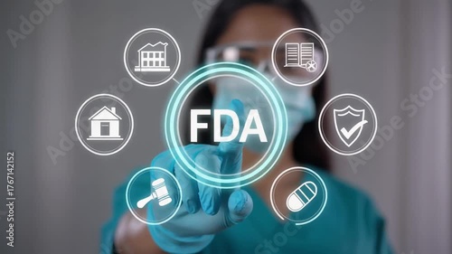 Doctor person using virtual touch screen push acronym: FDA. Food and Drug Administration (FDA) Department Service Medical Concept 4k video