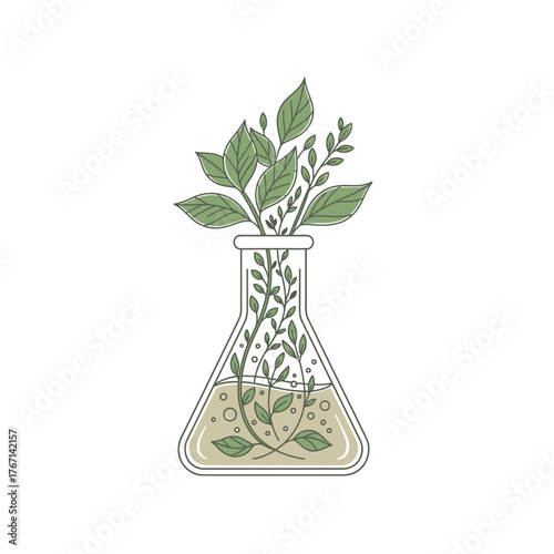 A laboratory flask containing a growing plant, symbolizing scientific research and nature.